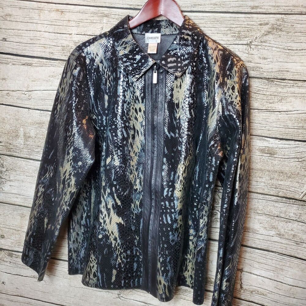Chicos Black Leather Jacket  Snake Embossed Silver Metallic Zip Up Size Large